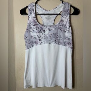 Denise Cronwall White Floral Racerback Active Tank Top Yoga Workout Athleisure